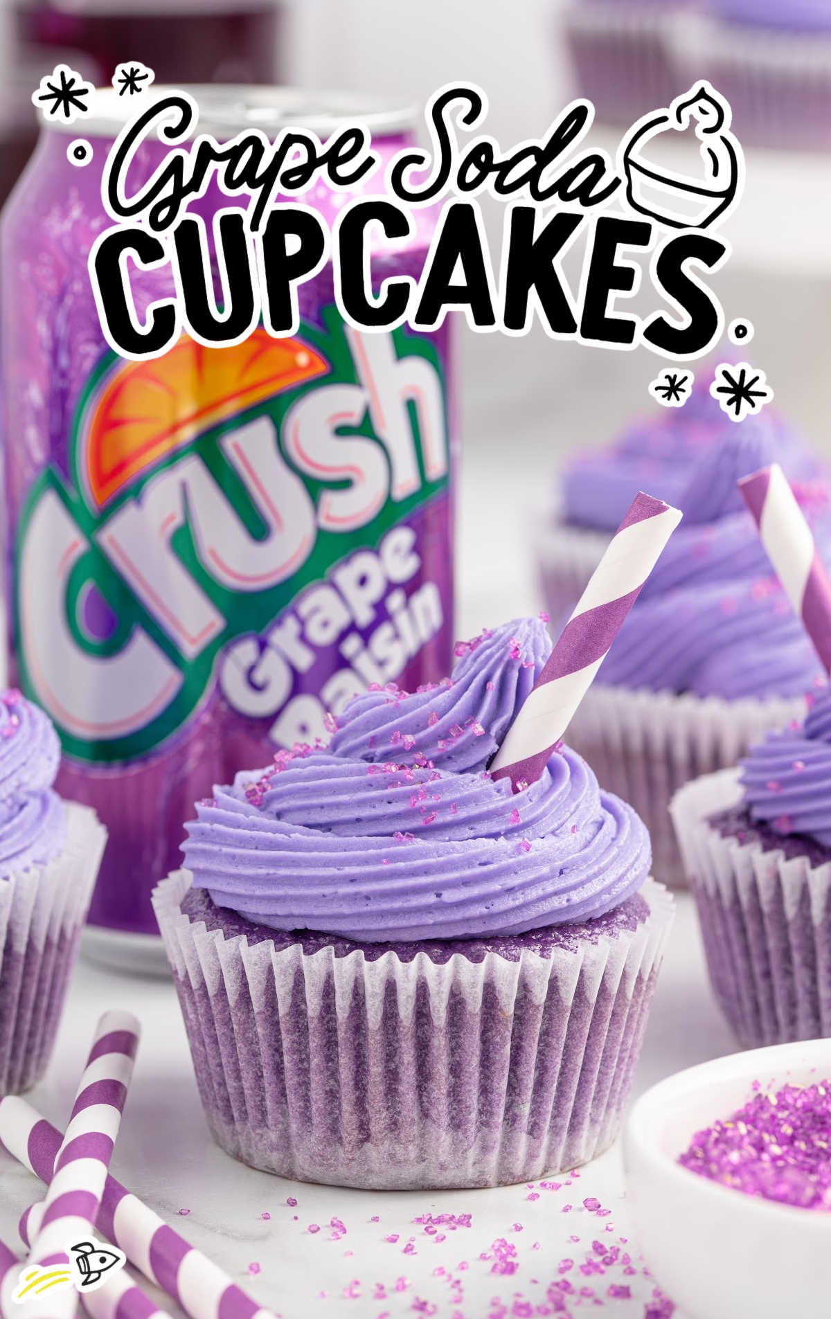 close up shot of frosted Grape Soda Cupcakes