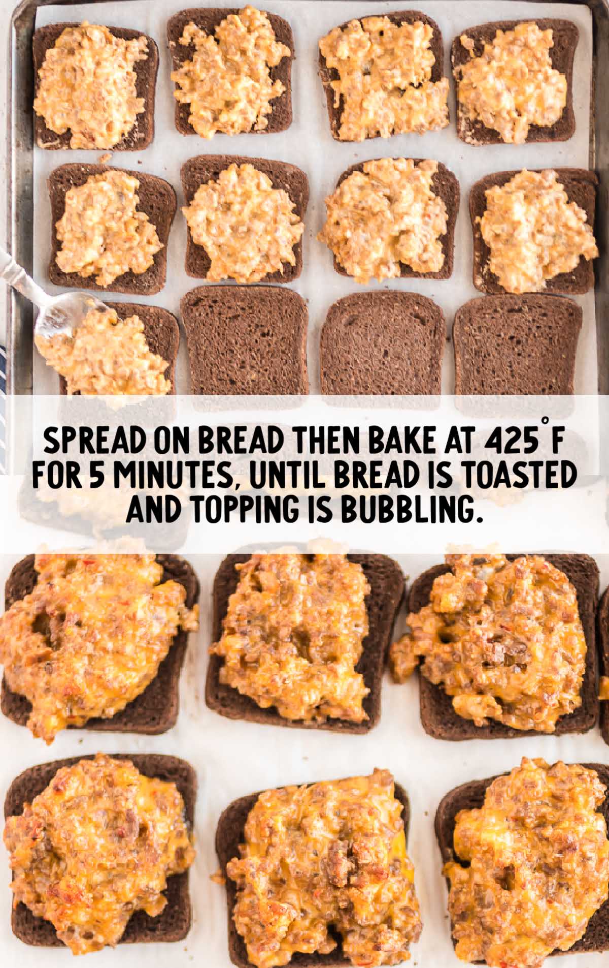 Unbaked rye bread topped with sausage cheese mixture on a baking sheet, some with topping already added.