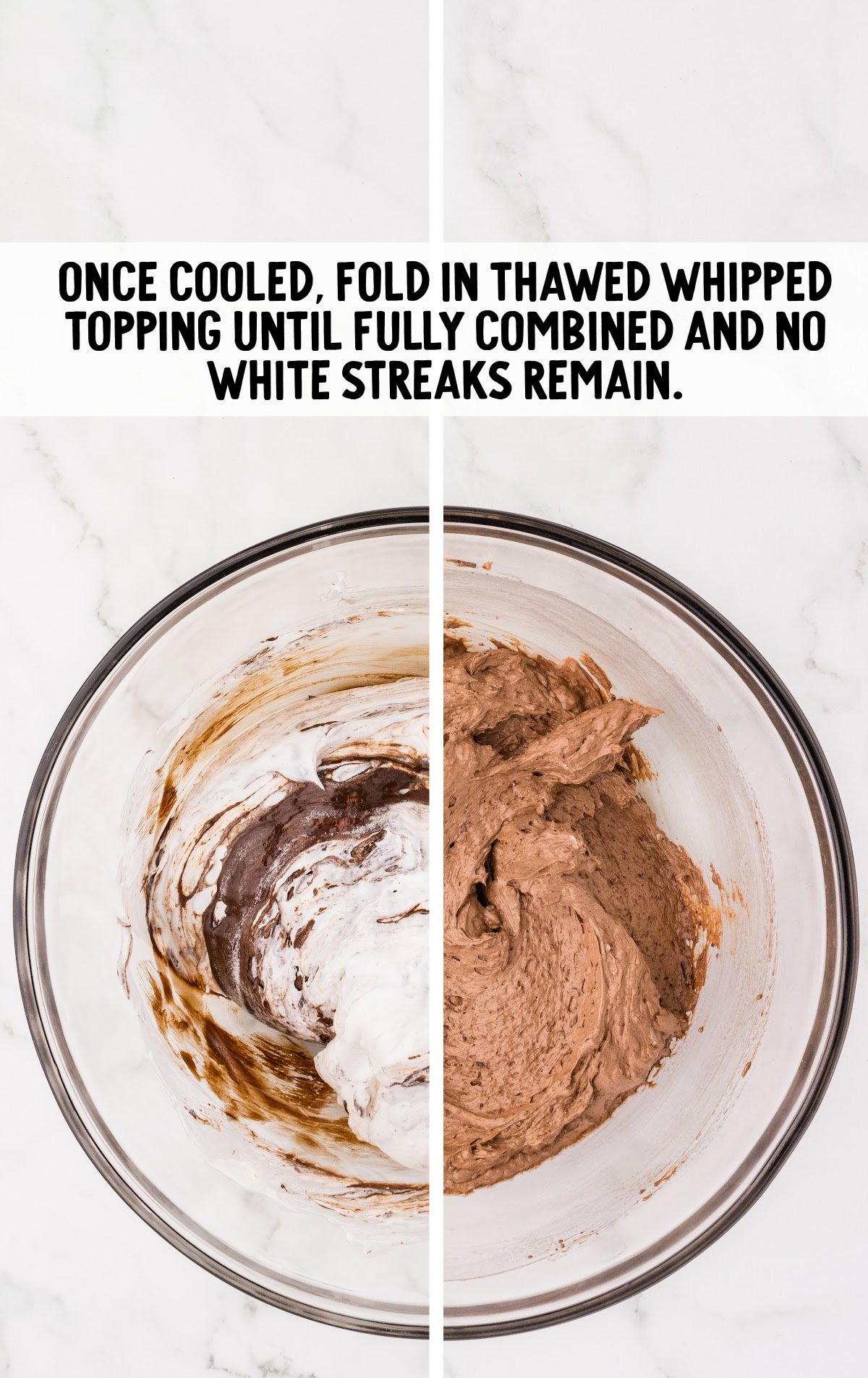 The whipped cream is mixed into the chocolate