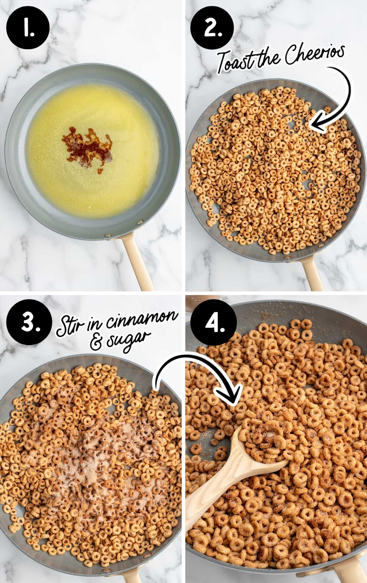 Step by step process of making hot buttered Cheerios in a skillet with butter, vanilla, cinnamon, and sugar