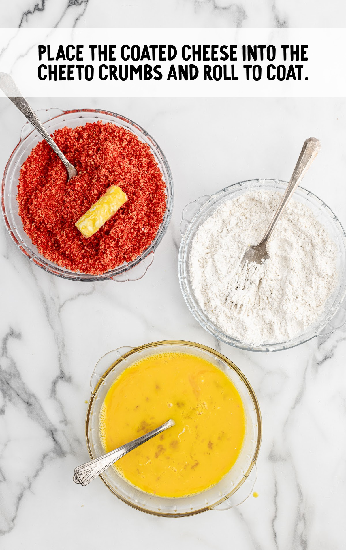 cheese sticks dipped in the egg wash, flour mixture, then the hot chetto crumbs