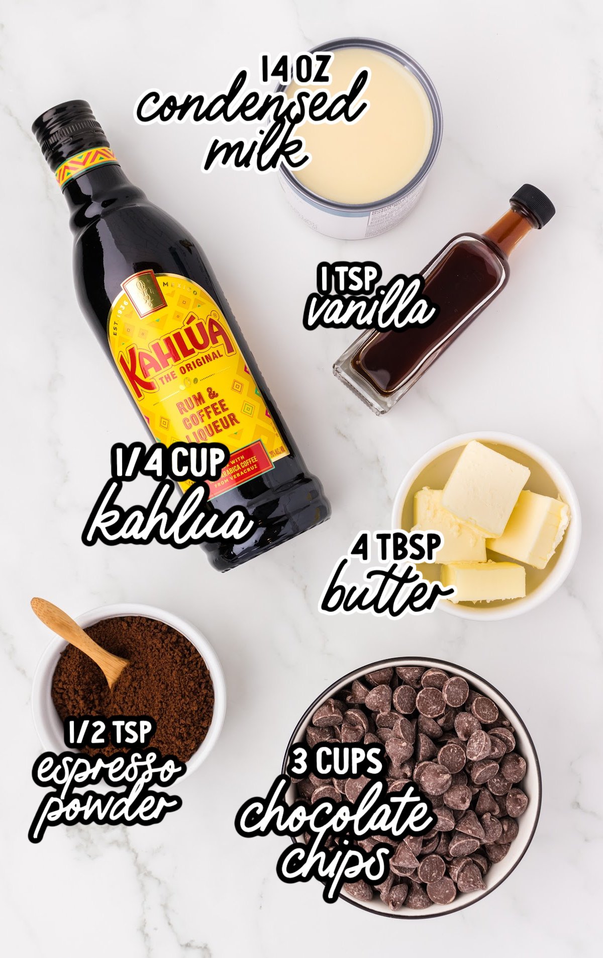 Ingredients needed to make Kahlua Fudge.