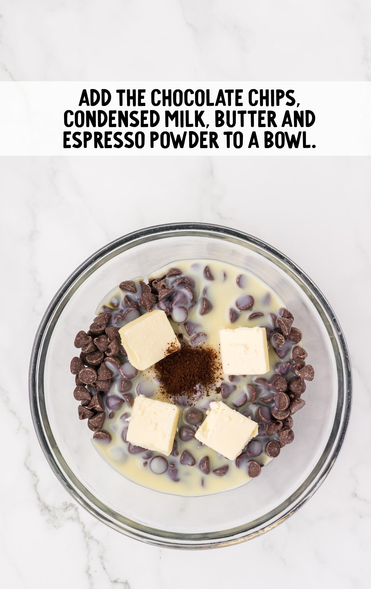 The chocolate chips, condensed milk, butter, and espresso powder are in a bowl.