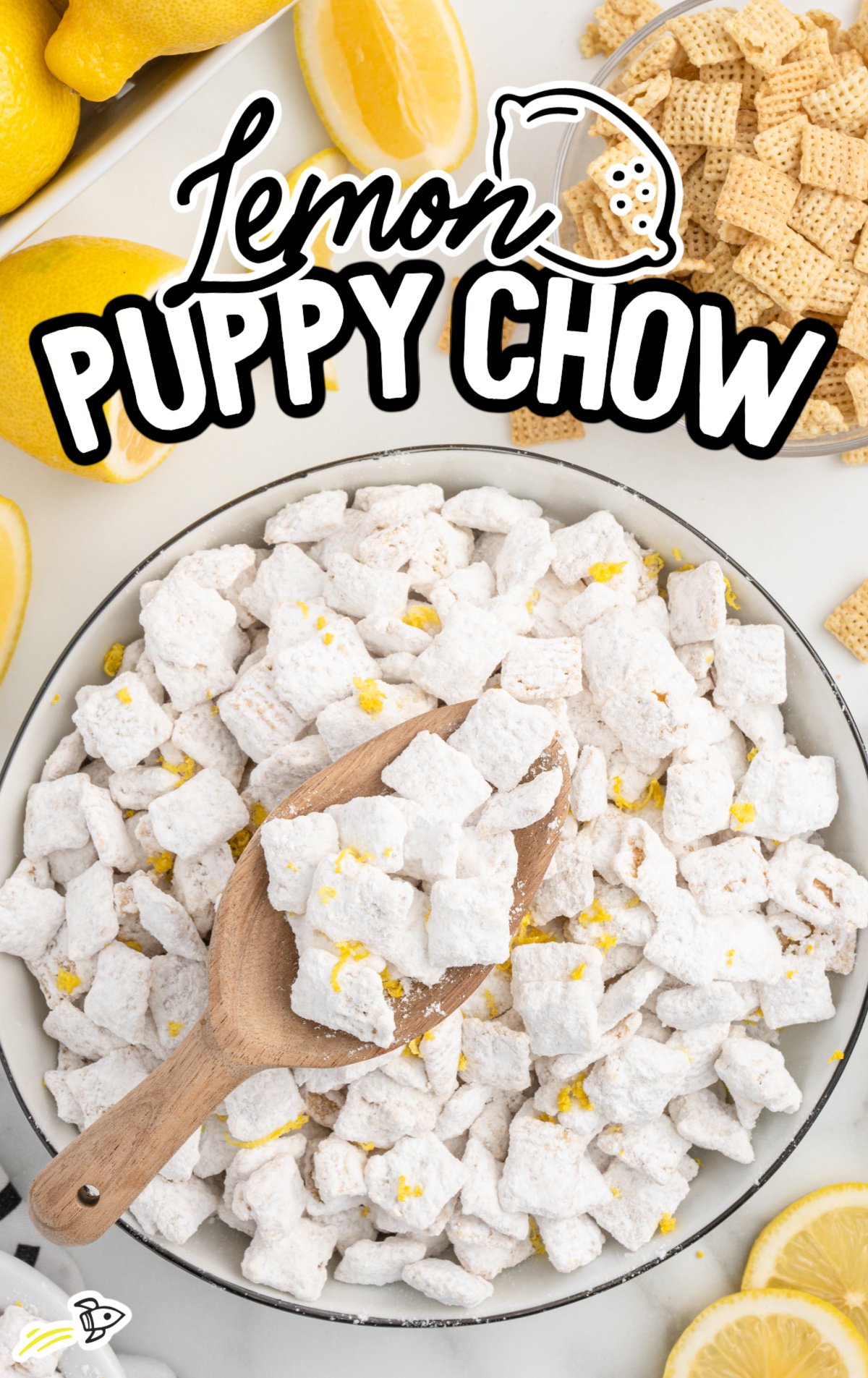 A large white bowl of Lemon Puppy Chow with a wooden scoop in it full of the mixture.