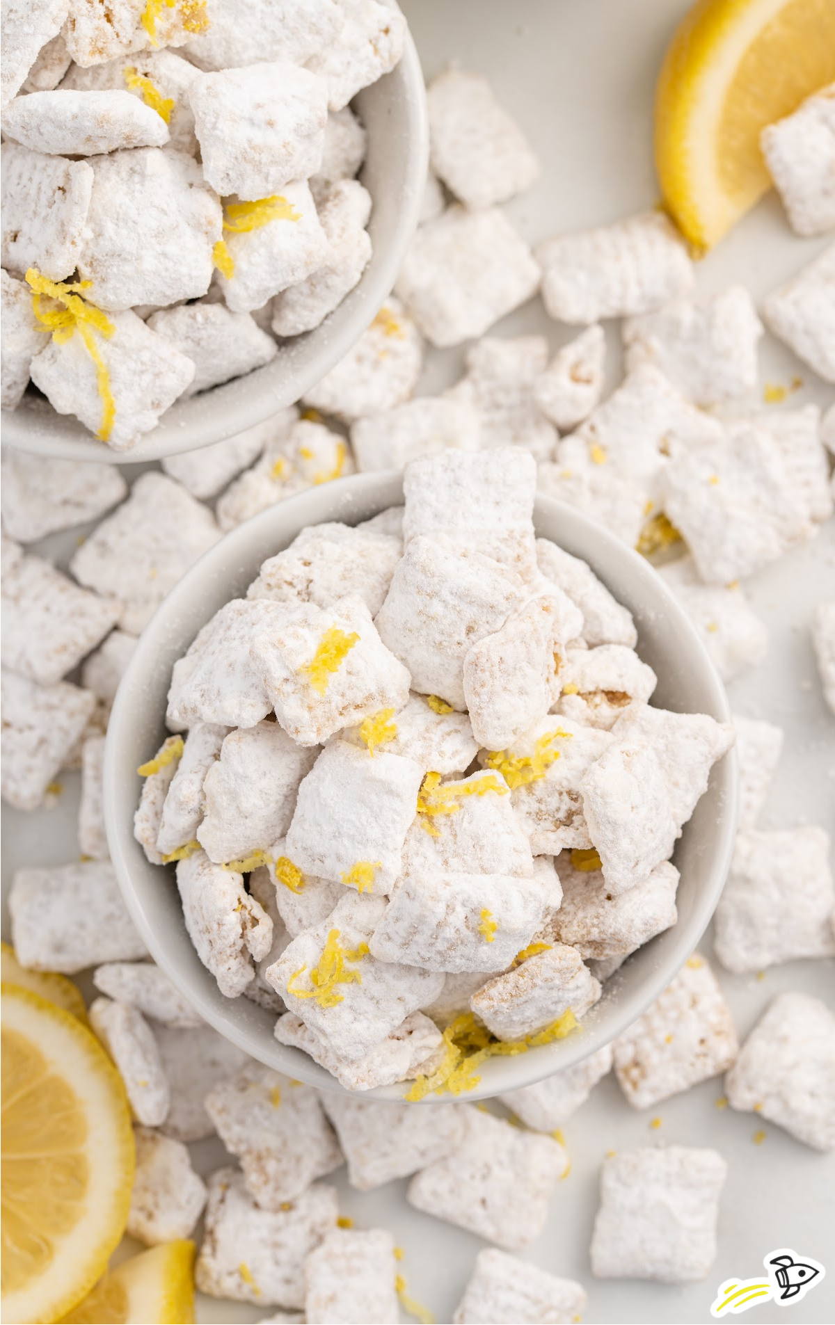 A small white bowl of lemon puppy chow.