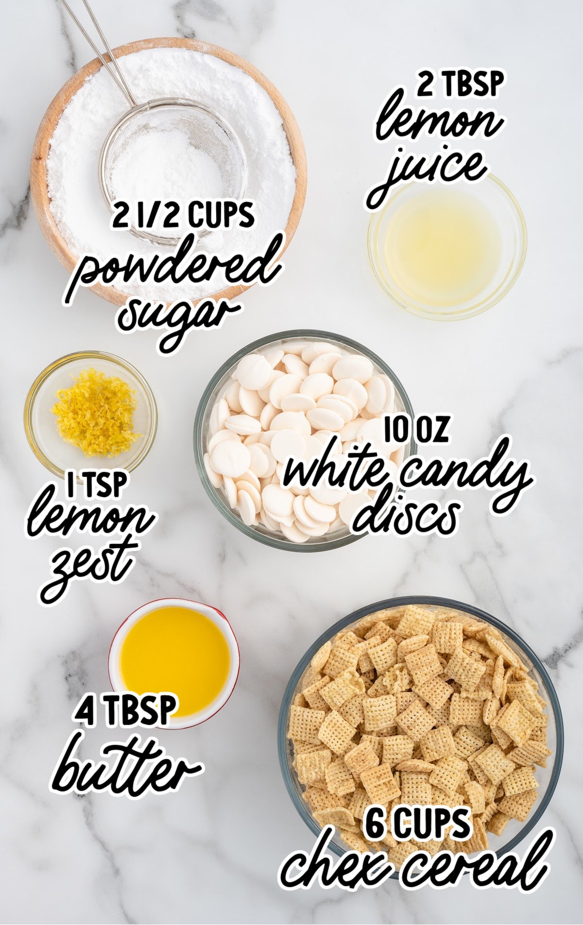 Ingredients to make lemon puppy chow.