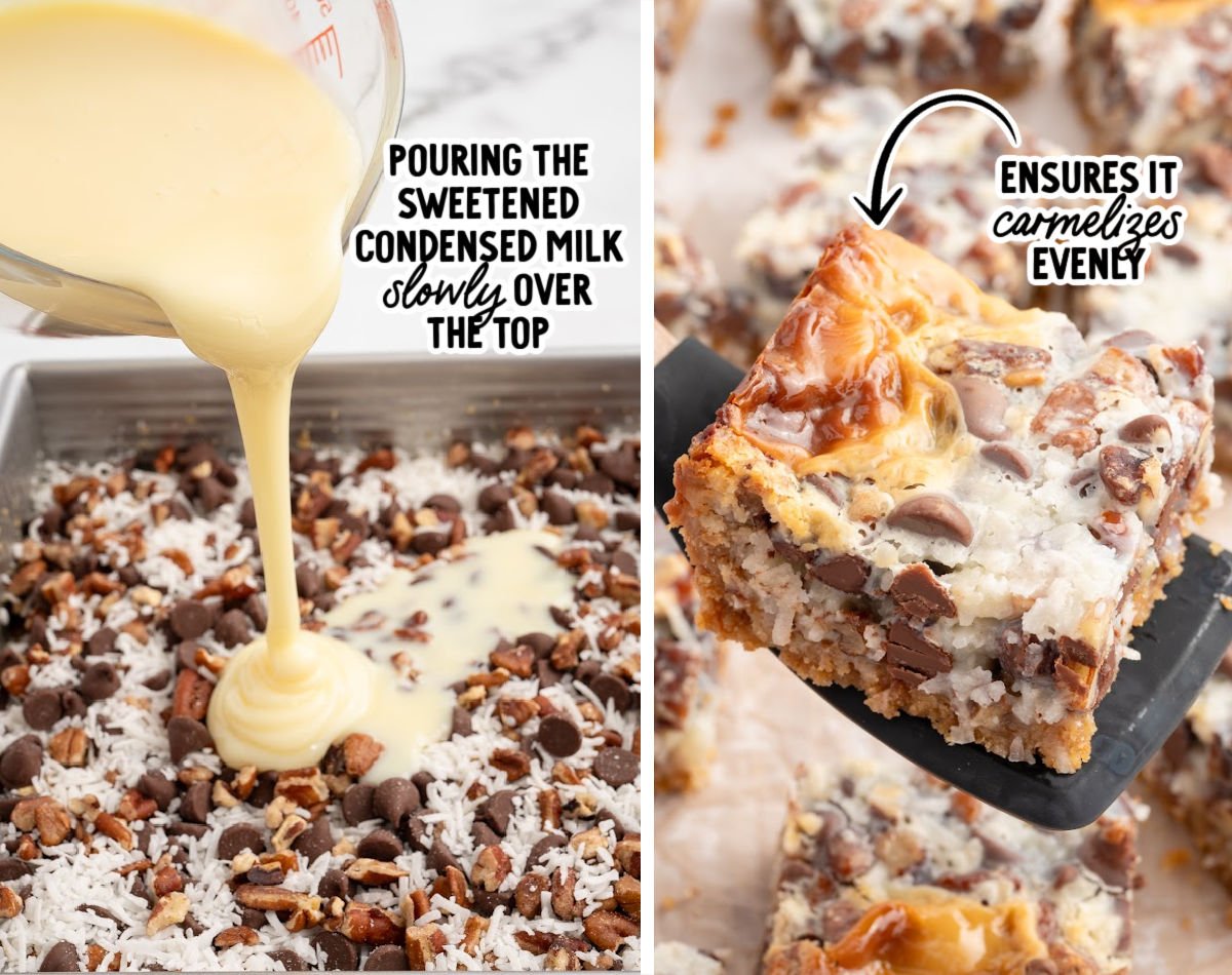 Sweetened condensed milk being poured over layered chocolate, coconut, and pecans, followed by a close-up of a baked magic cookie bar with caramelized edges.