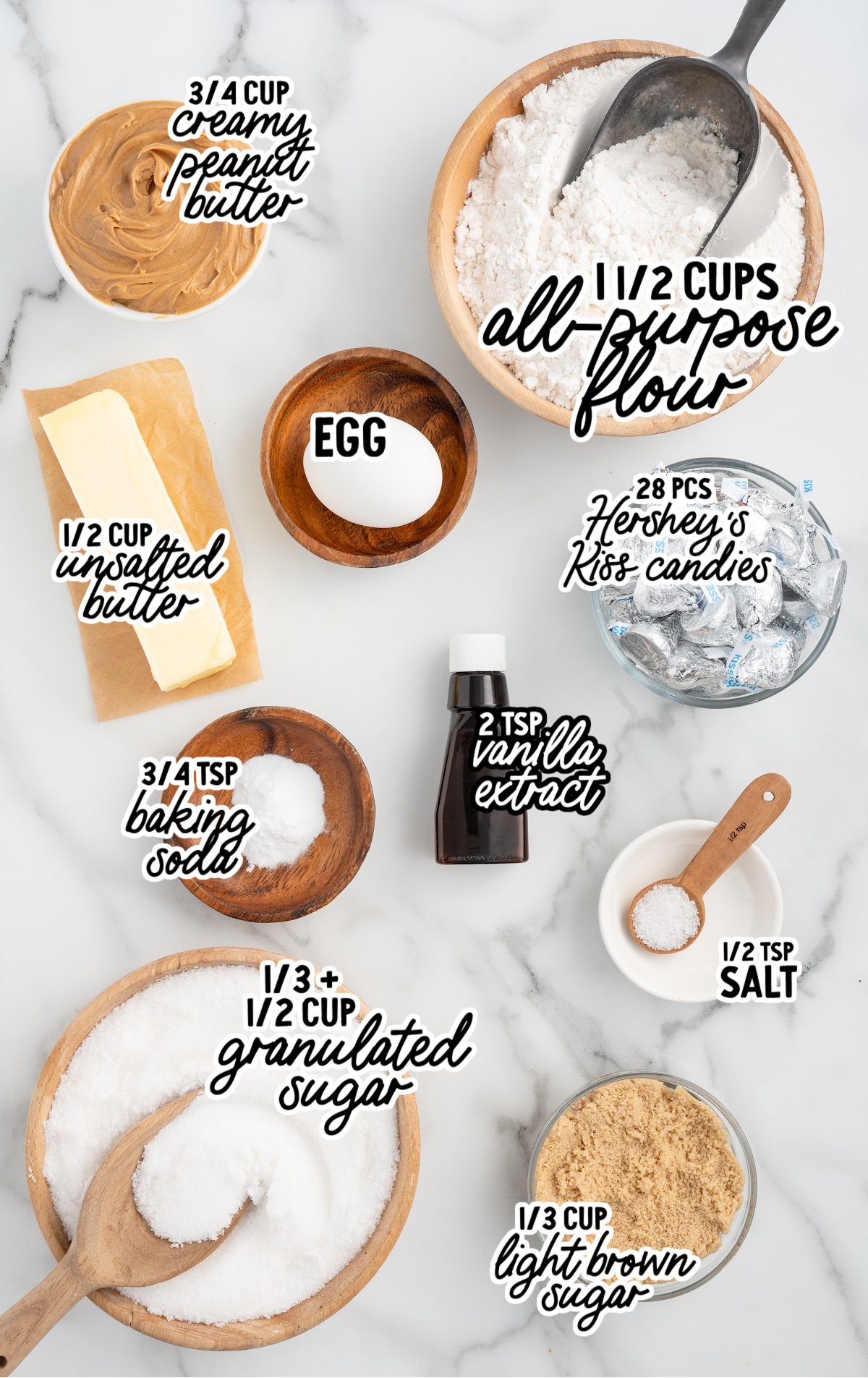 Ingredients needed to make Peanut Butter Blossoms.