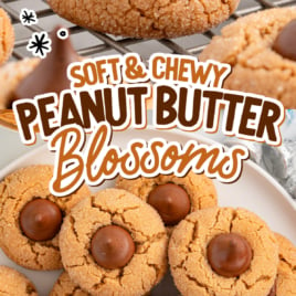 A plate of Peanut Butter Blossoms and a cooling rack with Peanut Butter Blossoms on it.