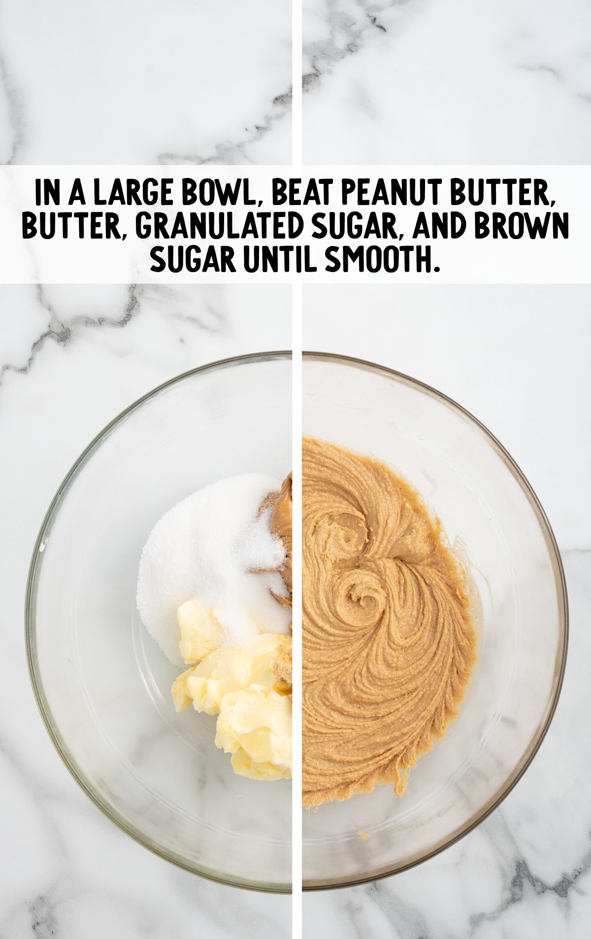 The butter, sugar, and peanut butter are mixed together.