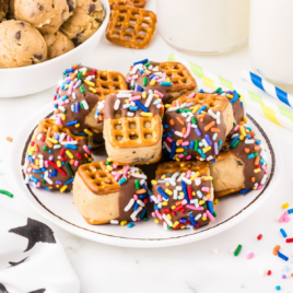 close up shot of a plate of Cookie Dough Pretzel Bites