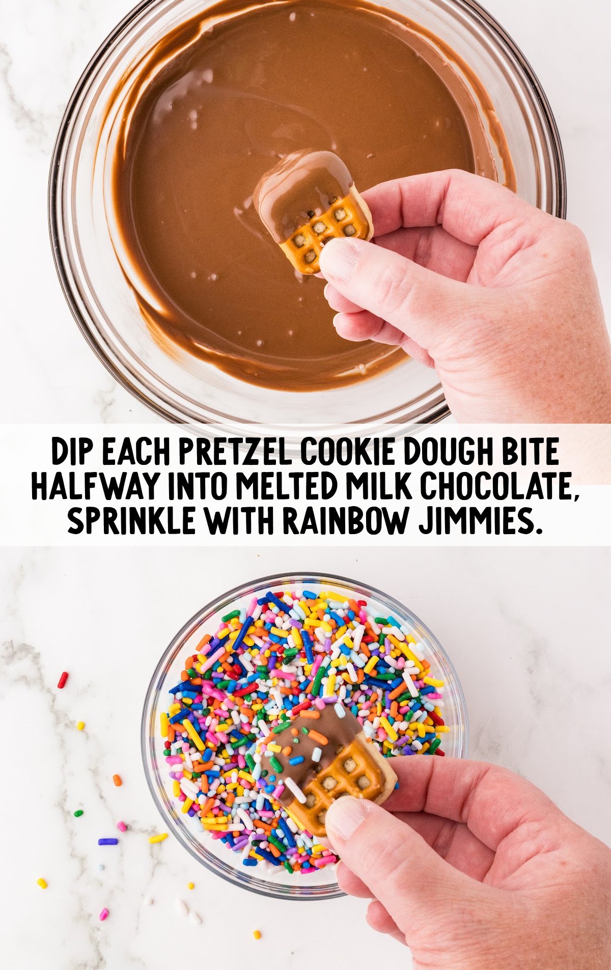 pretzels cookie dough bites dipped into melted chocolate then rainbow sprinkles