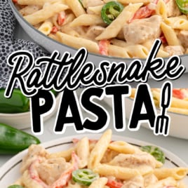 a skillet and plate of Rattlesnake Pasta