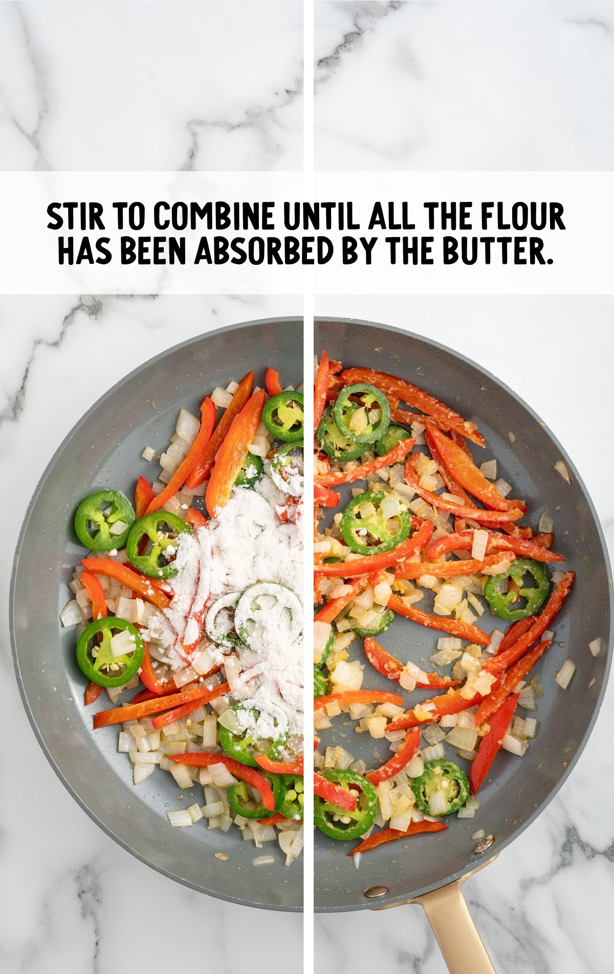 flour added to the vegetables in the skillet