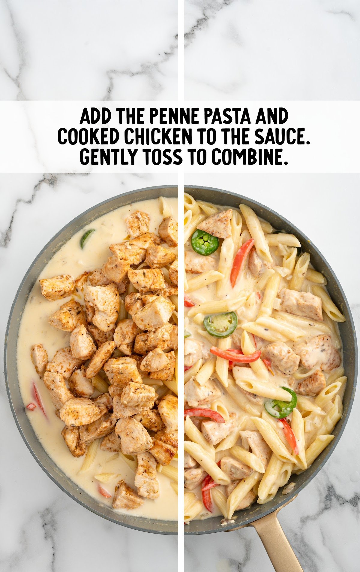 penne pasta and cooked chicken added to the sauce in the skillet