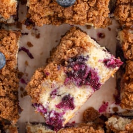 Overhead slies of Blueberry Coffee Cake, and one is on its side.