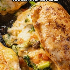 Skillet filled with broccoli and cheese stuffed chicken breasts with melted filling, text overlay reads “Broccoli & Cheese Stuffed Chicken You’ll Actually Like!”