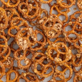 a bunch of Butter Toffee Pretzels on a baking sheet