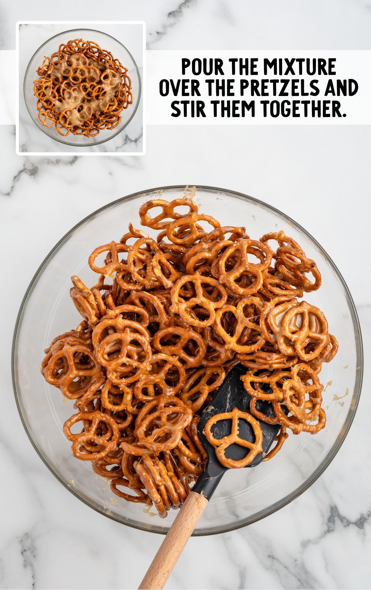 mixture poured over the pretzels in a bowl