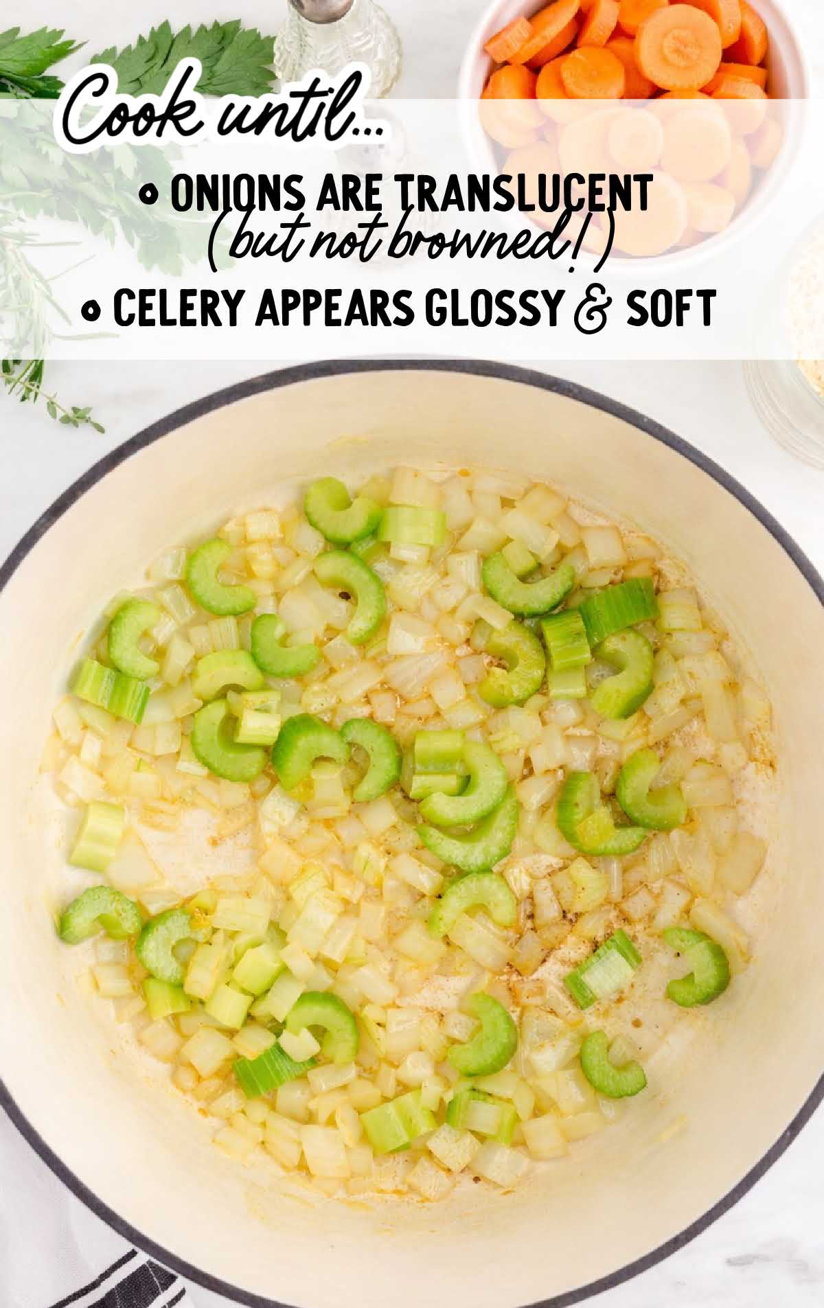 Diced onions and sliced celery cooking in a pot until translucent for chicken and rice soup