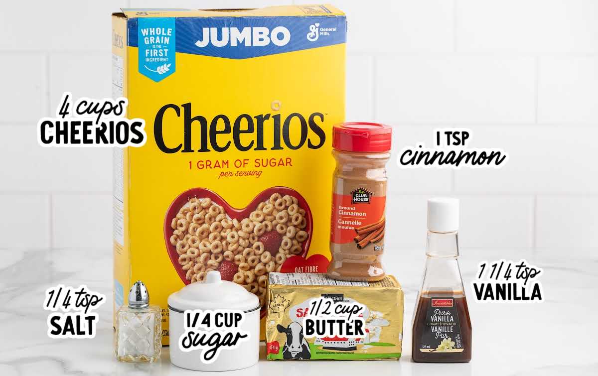 Ingredients for hot buttered Cheerios including Cheerios, butter, cinnamon, vanilla, sugar, and salt