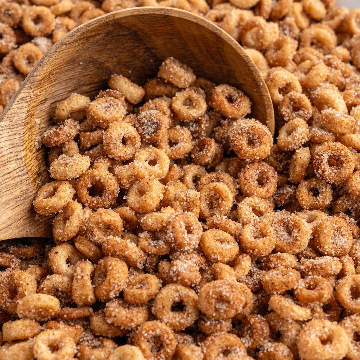 Close-up of hot buttered Cheerios coated in cinnamon sugar