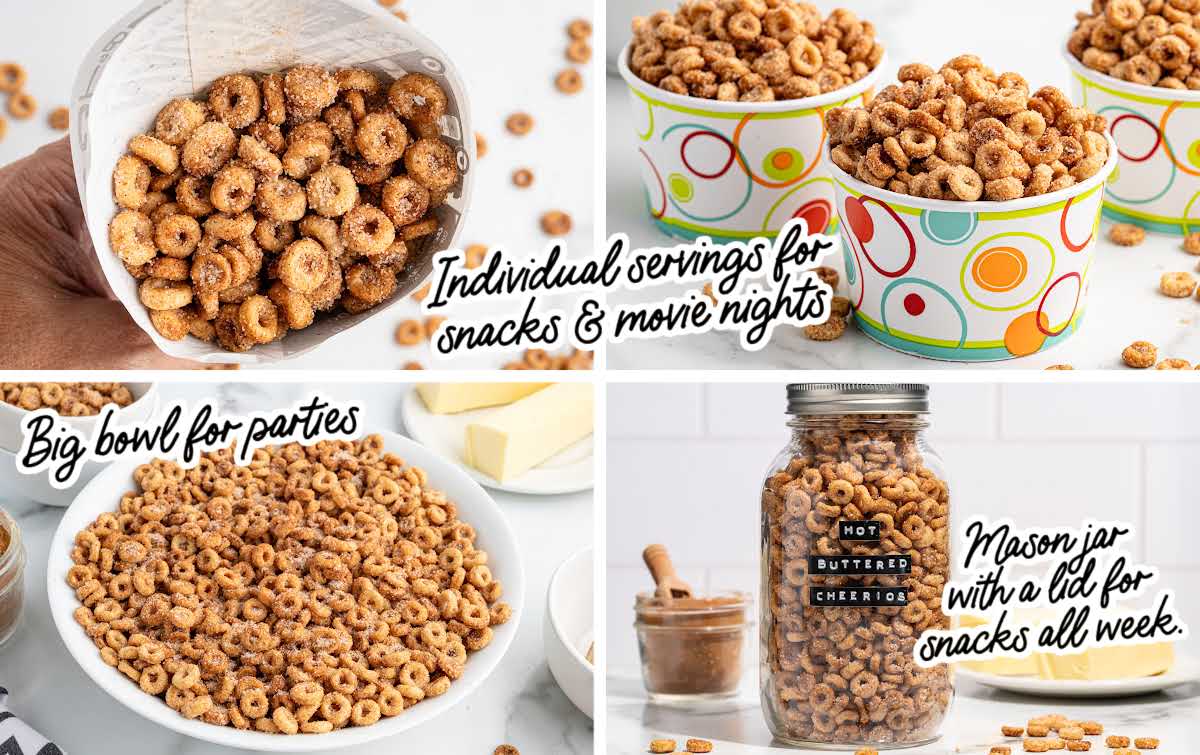 Different serving ideas for hot buttered Cheerios including paper cone, snack cups, big bowl, and mason jar