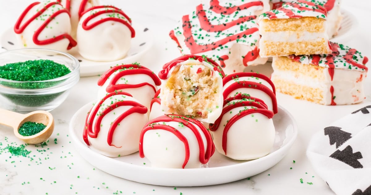a bunch of Little Debbie Christmas Tree Cake Balls on a plate