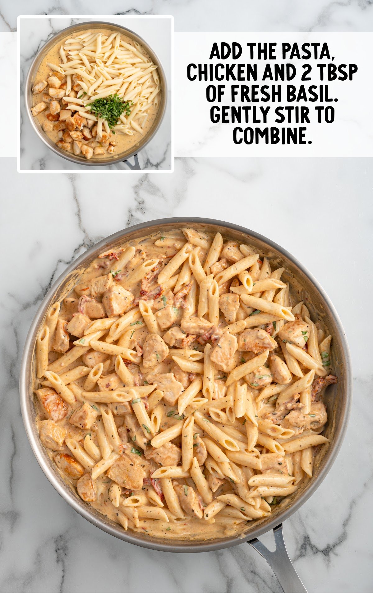 chicken, pasta, and basil added to the skillet of pasta sauce