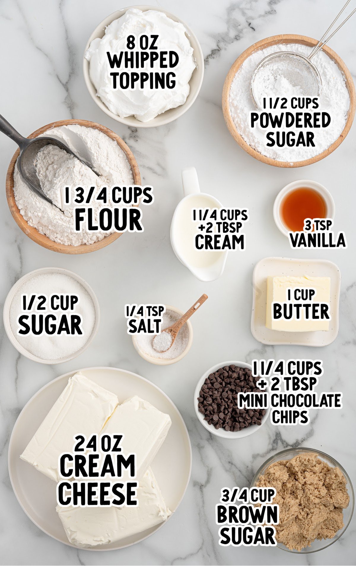 No Bake Cookie Dough Cheesecake raw ingredients that are labeled