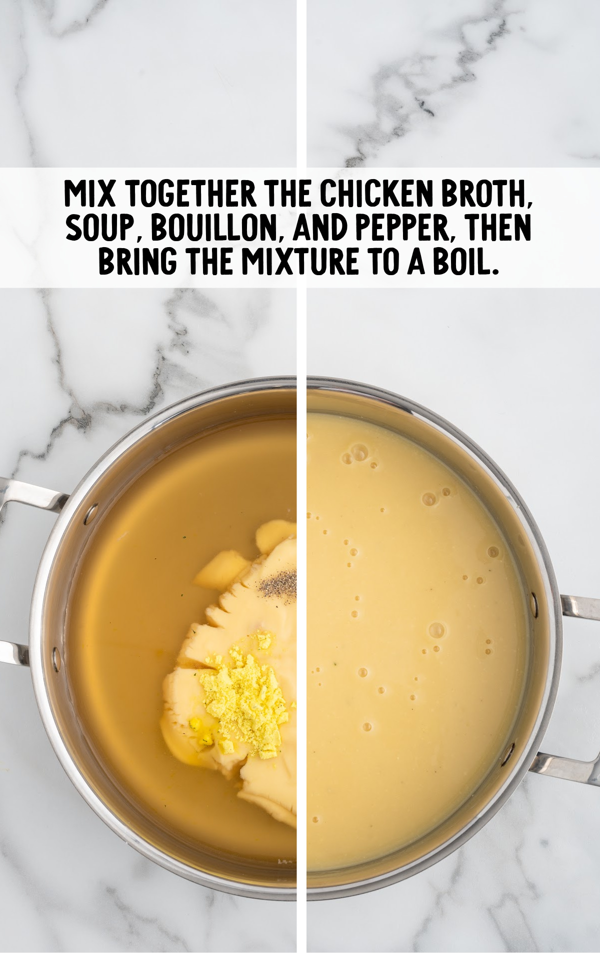 chicken broth, soup, bouillon, and pepper added to the pot