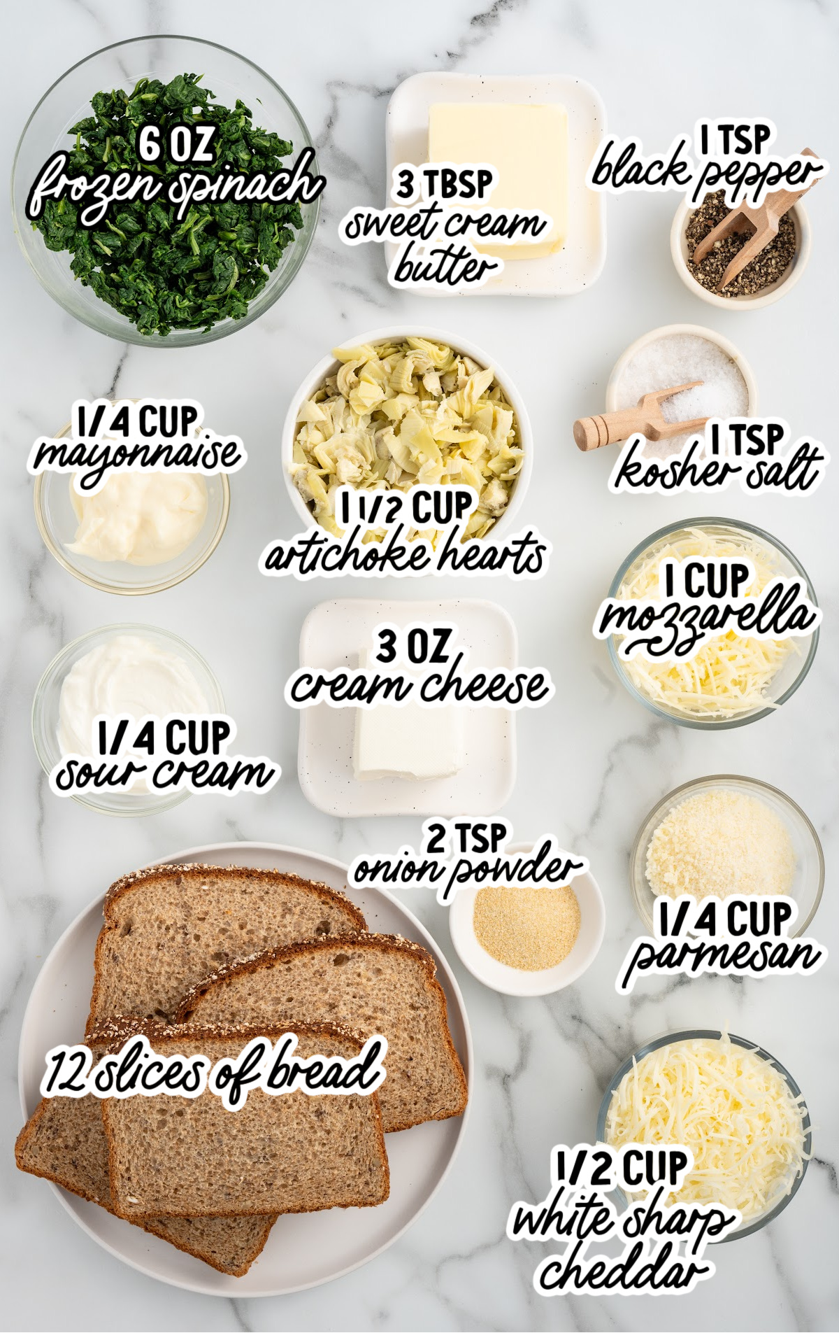 spinach artichoke grilled cheese raw ingredients that are labeled