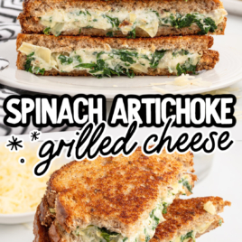 slices of spinach artichoke grilled cheese stacked on top of each other on a plate