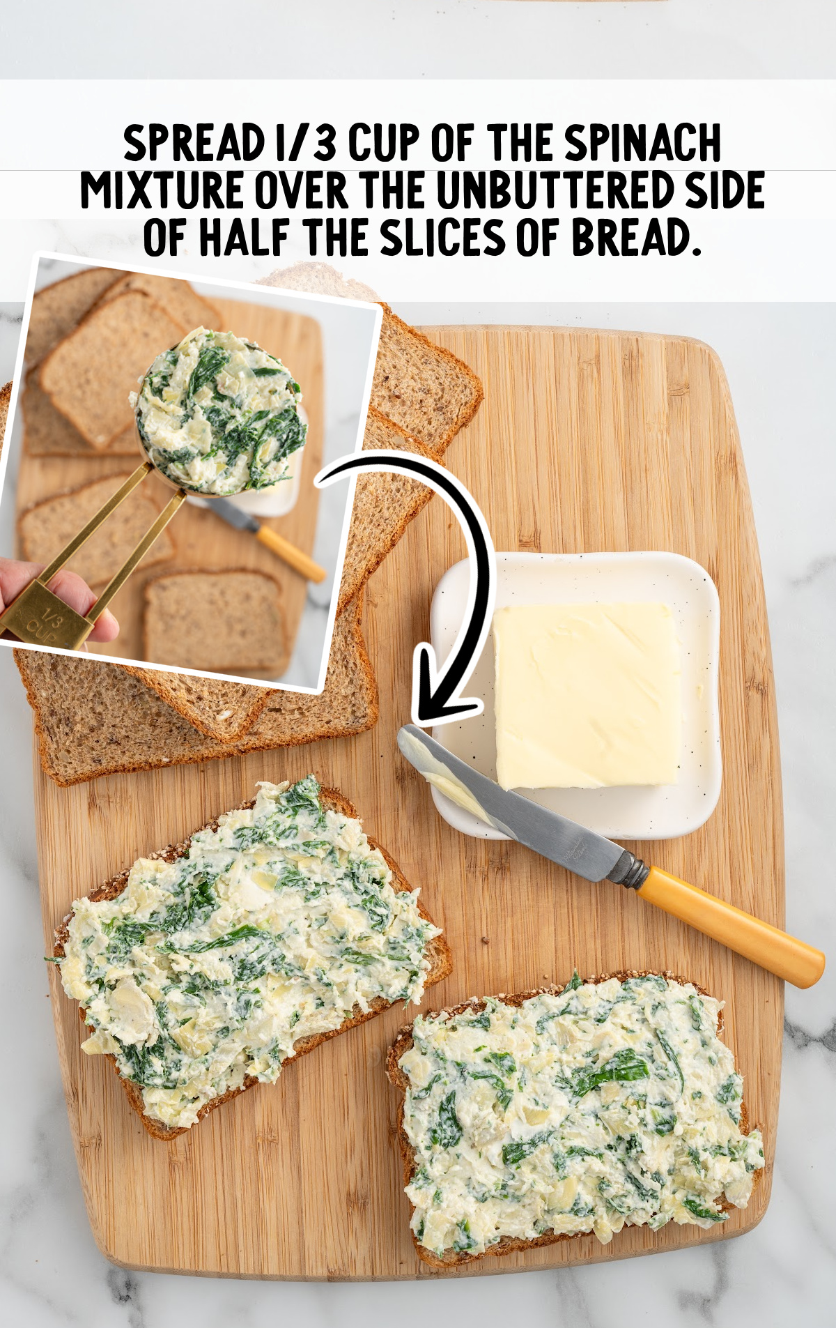 ⅓ cup of the spinach mixture spread on top of the bread