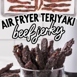 a bunch of Teriyaki Beef Jerky in a glass container