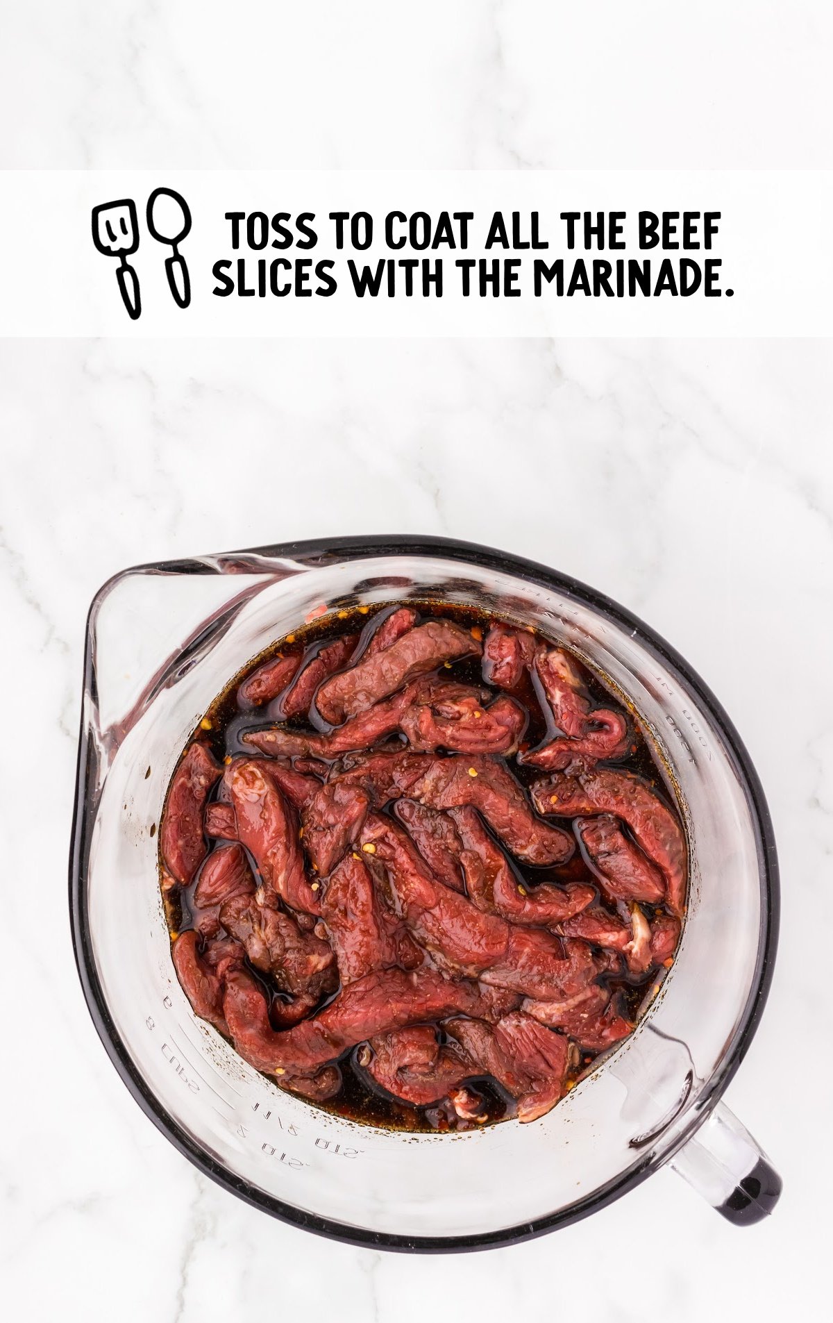 beef slices placed into the bowl of marinade