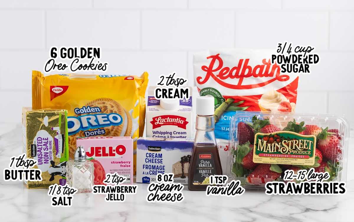 Ingredients for deviled strawberries including Golden Oreos, cream cheese, powdered sugar, strawberries, whipping cream, strawberry Jello, butter, vanilla, and salt