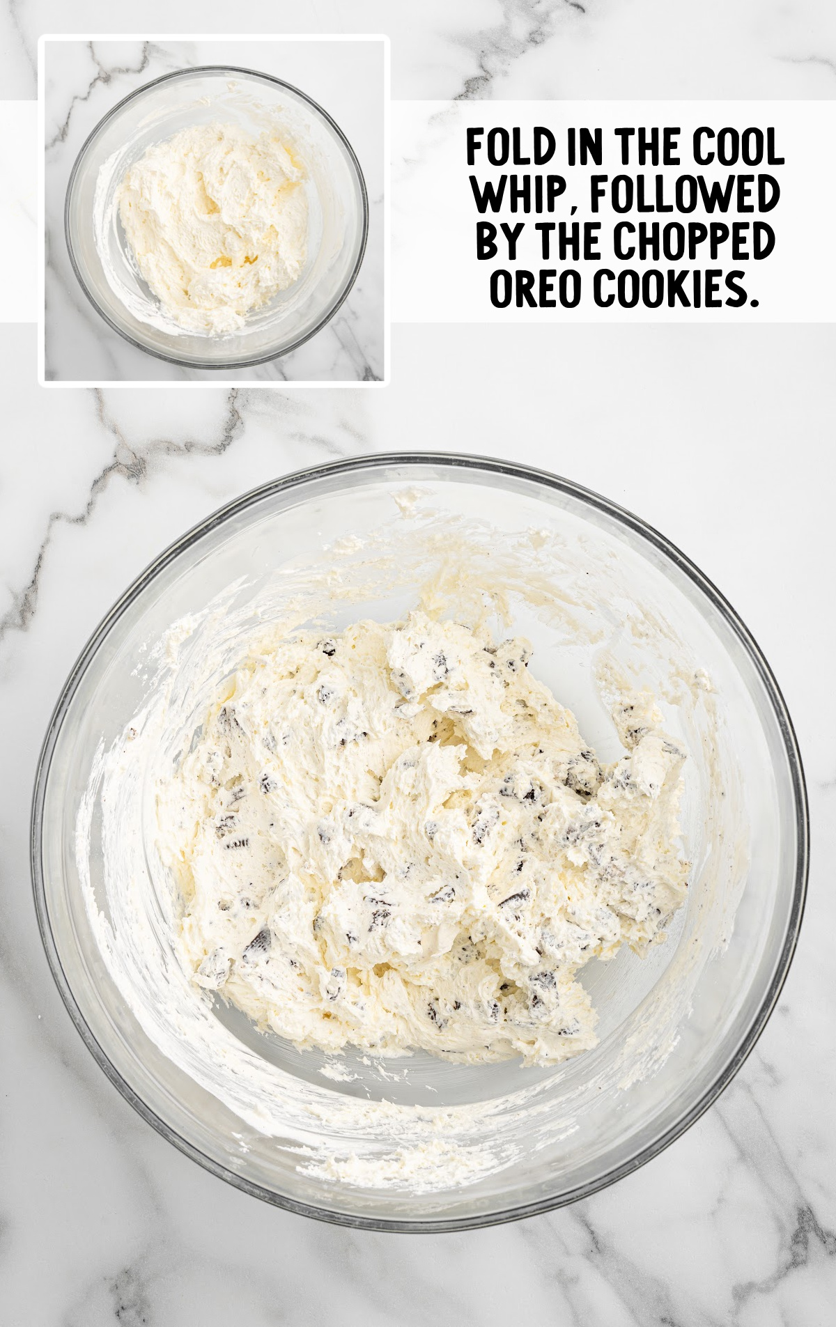 whipped topping and chopped oreo cookies folded in a bowl