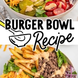 a burger bowl drizzled with sauce