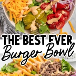 a burger bowl drizzled with sauce