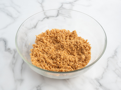 A glass bowl filled with a crumbly mixture of crushed graham crackers and sugar sits on a white marble surface, ready to become the perfect crust for a delicious No Bake Cherry Cheesecake.