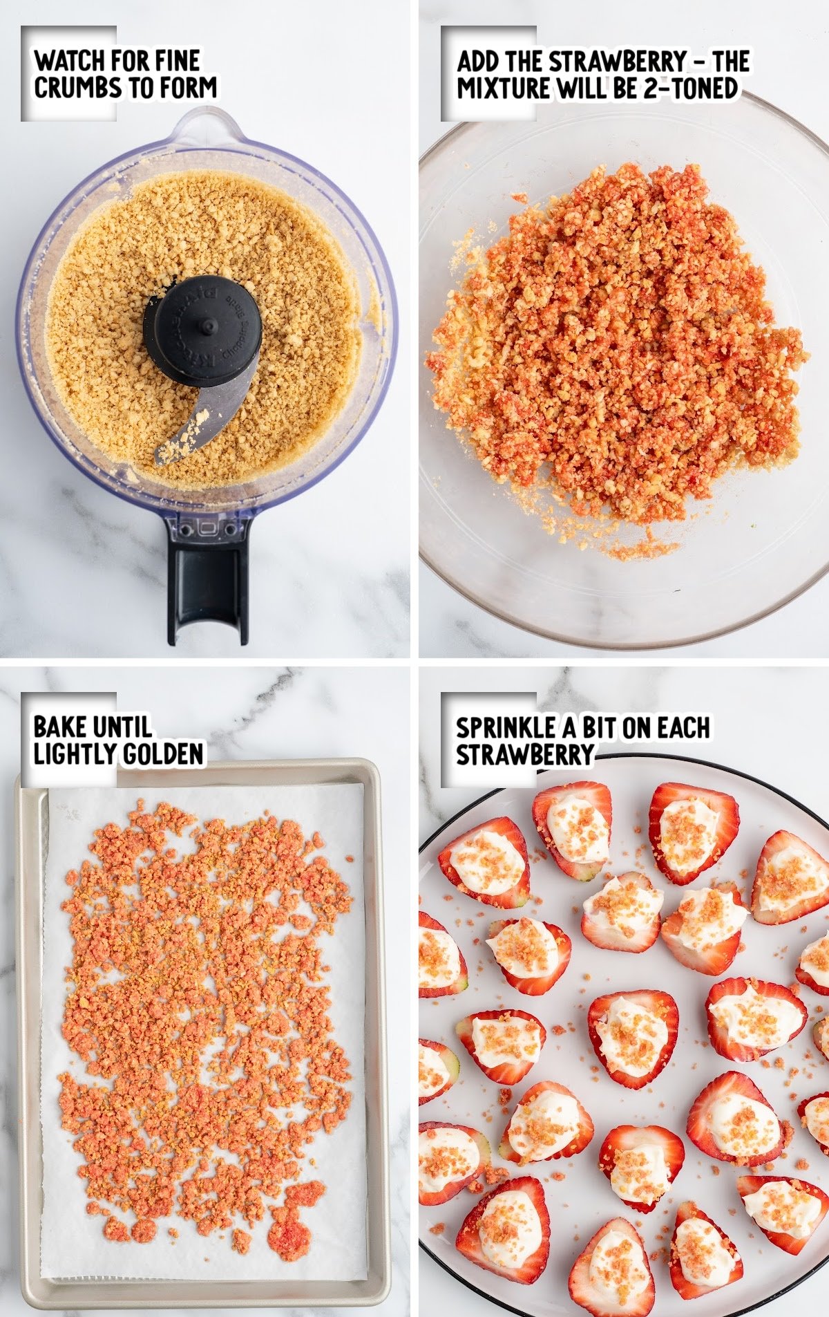 Strawberry crunch topping baked until lightly golden on a parchment-lined baking sheet