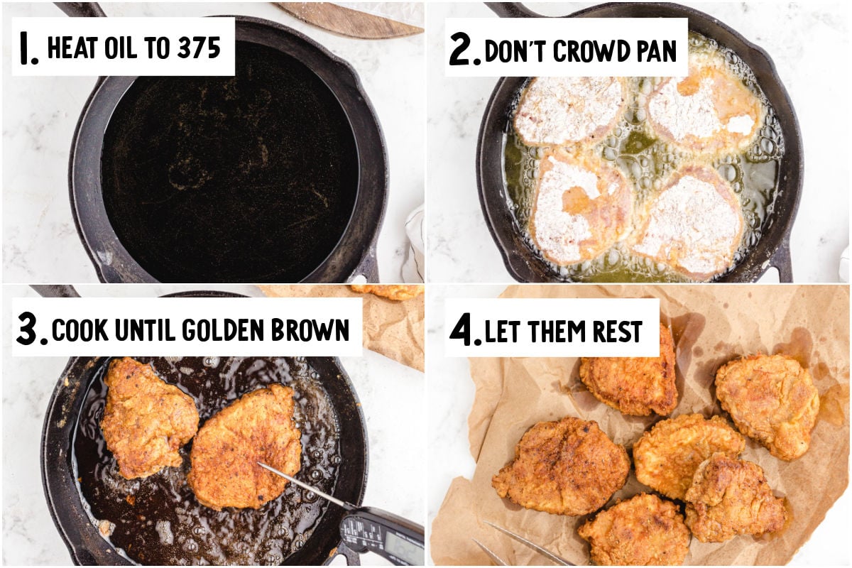 four photos showing how to pan fry flour coated pork chops