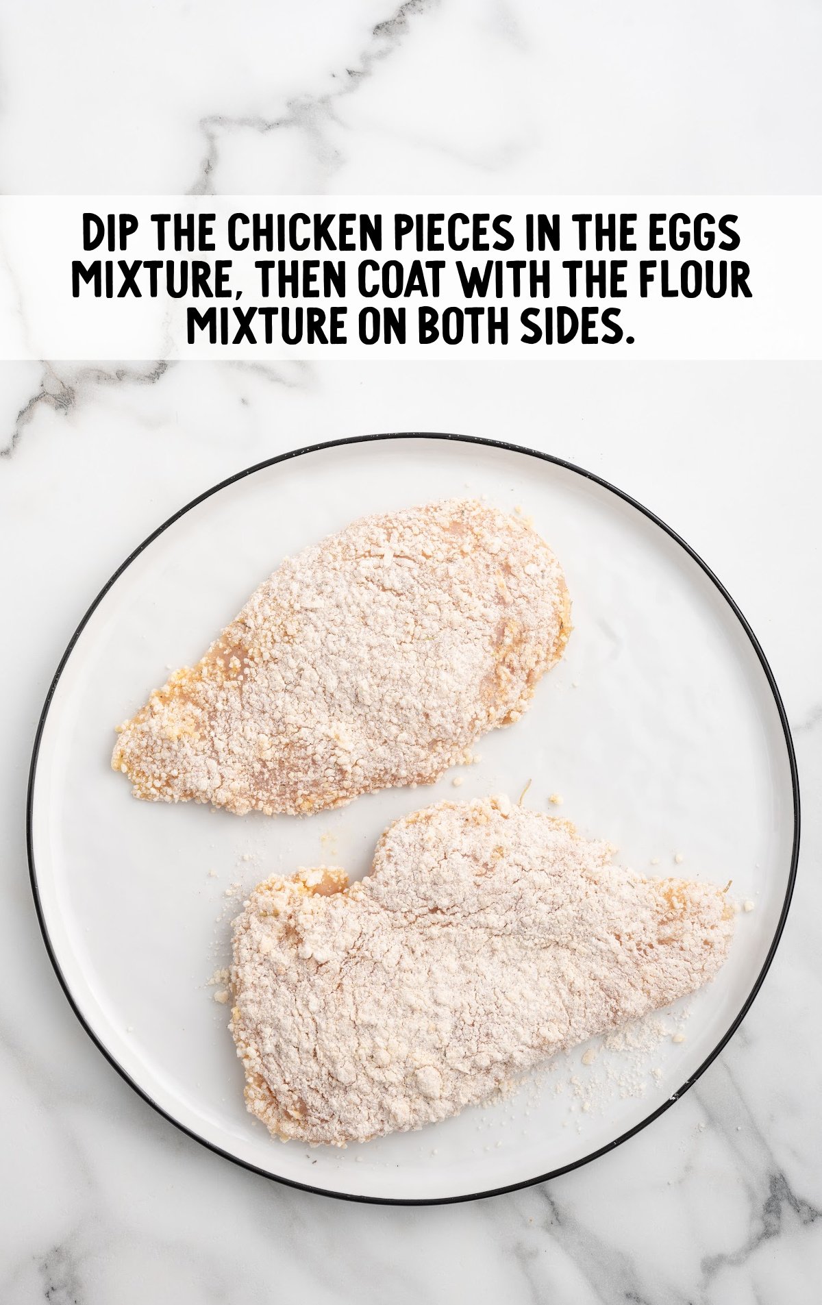 chicken pieces dipped into the egg mixture then the flour mixture