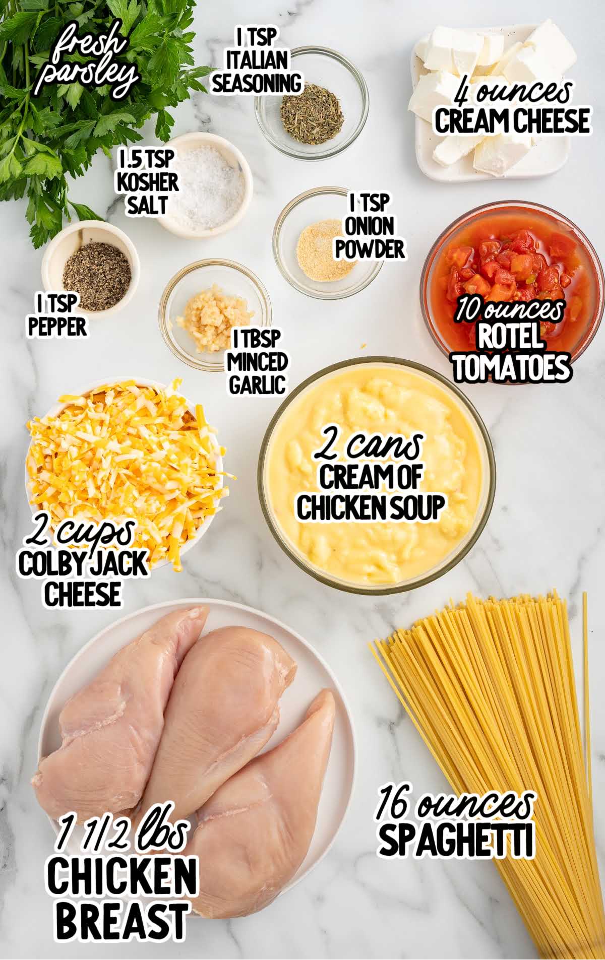 Slow Cooker Chicken Spaghetti raw ingredients that are labeled