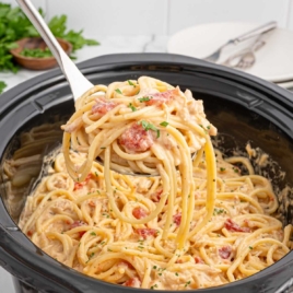 a Slow Cooker of Chicken Spaghetti