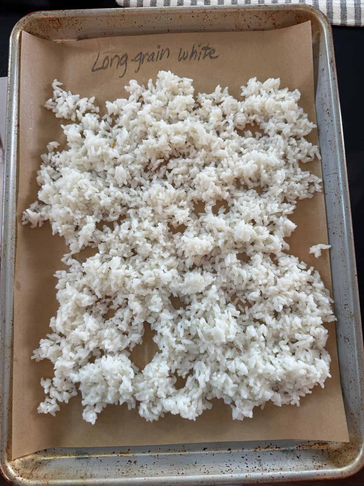 A baking sheet lined with parchment paper labeled Long grain white holds an even layer of cooked rice spread out to coolโperfect for making Better Than Take-Out Fried Rice.