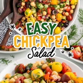 a bowl of Chickpea Salad with serving spoons and a plate of Chickpea Salad