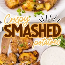 Crispy Smashed Potatoes garnished with parsley with a bowl of dipping sauce