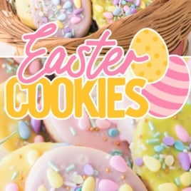 A close-up of pastel Easter cookies on a plate, with the text "Easter Cookies - No Chill Time Required!" and festive Easter egg icons.